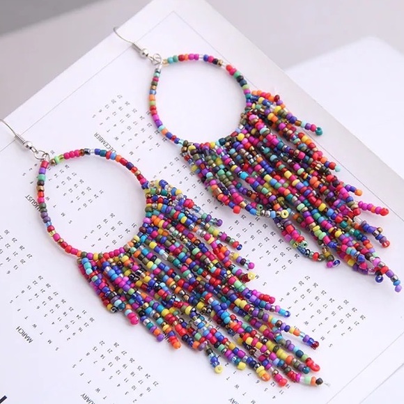 NEW Boho Multi Color Beaded Tassel Dangle 5" Summer Earrings - Great Gift - Picture 3 of 4